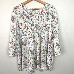 Rose + Olive Womens Size 1X Ditzy Floral Print Pintuck Pleated 3/4 Sleeve Blouse